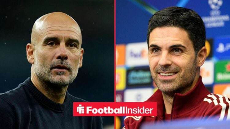 Man City manager Pep Guardiola looks bemused with Arsenal manager Mikel Arteta smiles