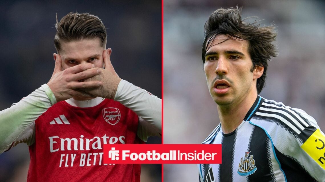 Arsenal striker Viktor Gyokeres celebrates with Newcastle midfielder Sandro Tonali