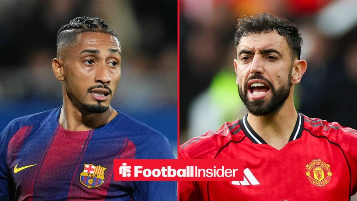 Barcelona winger Raphinha with Man United midfielder Bruno Fernandes