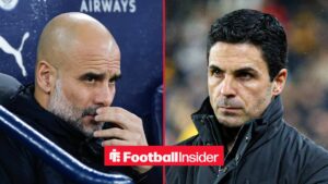 Manchester City manager Pep Guardiola with Arsenal manager Mikel Arteta