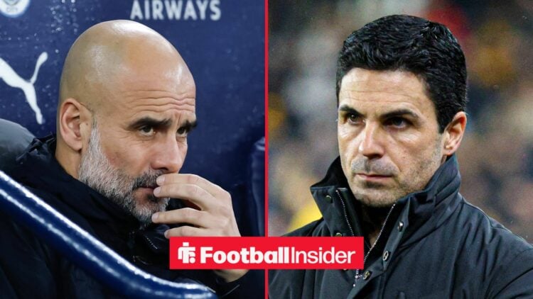 Manchester City manager Pep Guardiola with Arsenal manager Mikel Arteta