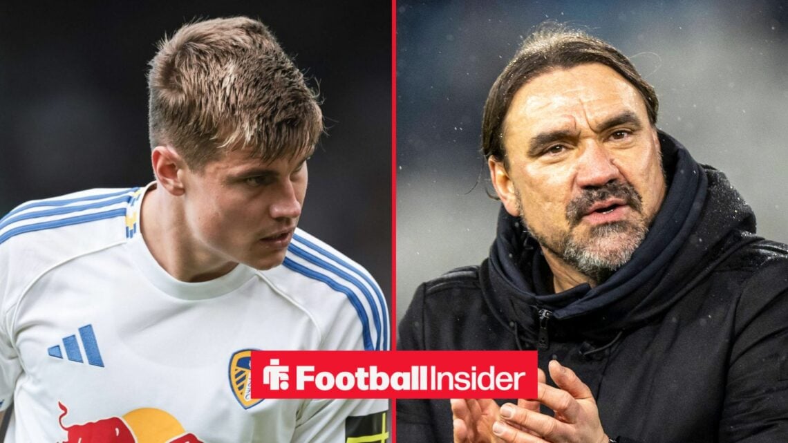 Leeds United defender Jaka Bijol with Leeds manager Daniel Farke claps