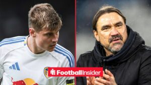 Leeds United defender Jaka Bijol with Leeds manager Daniel Farke claps