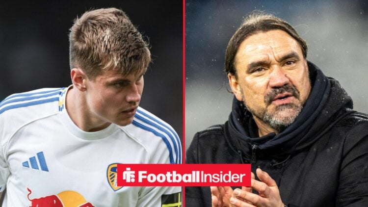 Leeds United defender Jaka Bijol with Leeds manager Daniel Farke claps