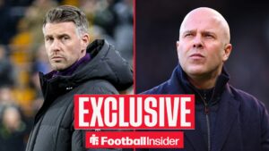 Rob Edwards looking at Arne Slot on right