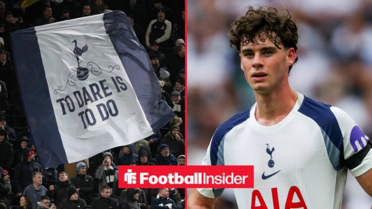 Archie Gray looking at Tottenham fans on right