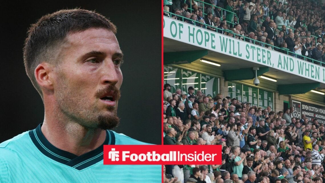 Matt Doherty looking at Hibs fans on right