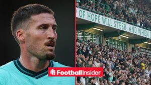 Matt Doherty looking at Hibs fans on right