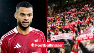 Cody Gakpo on left looking at Liverpool fans on right