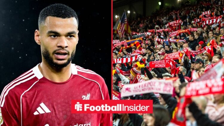 Cody Gakpo on left looking at Liverpool fans on right