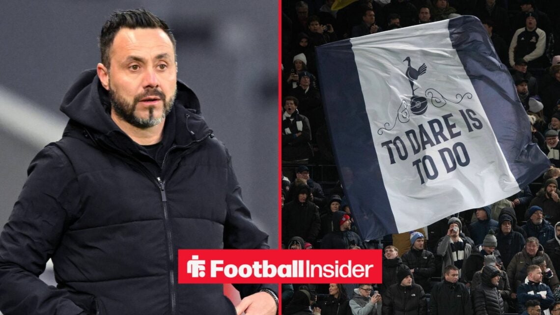 Roberto De Zerbi on left and Tottenham fans on right