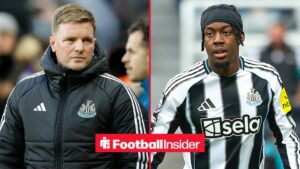 Eddie Howe on left looking at Anthony Elanga in Newcastle United kit on right
