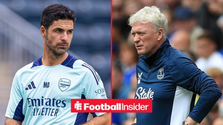 Mikel Arteta looking at David Moyes on right