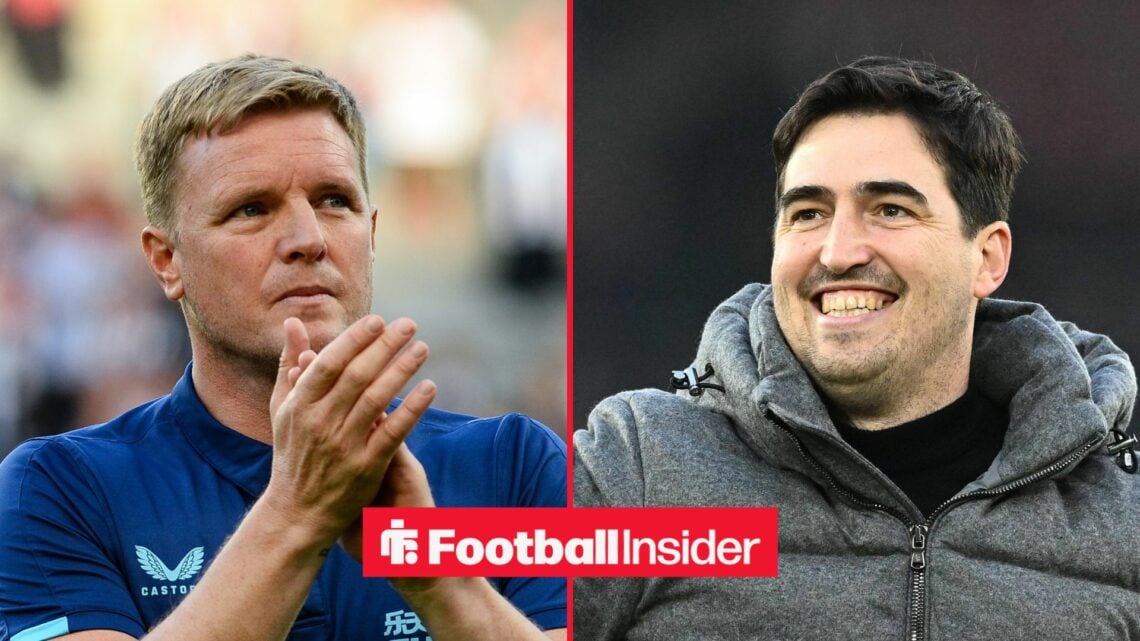 Newcastle United manager Eddie Howe claps with Bournemouth manager Andoni Iraola grinning