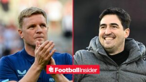 Newcastle United manager Eddie Howe claps with Bournemouth manager Andoni Iraola grinning