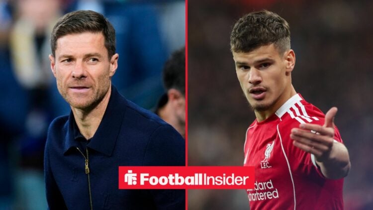 Xabi Alonso smiling at Milos Kerkez on right