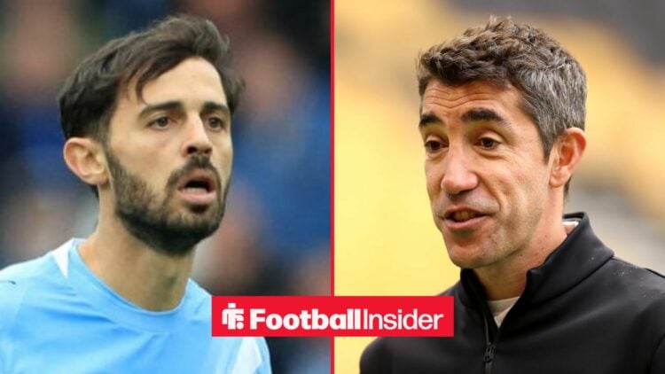 Manchester City midfielder Bernardo Silva with Bruno Lage inset