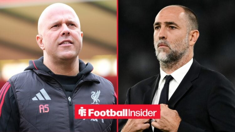 Arne Slot on left looking at Igor Tudor on right