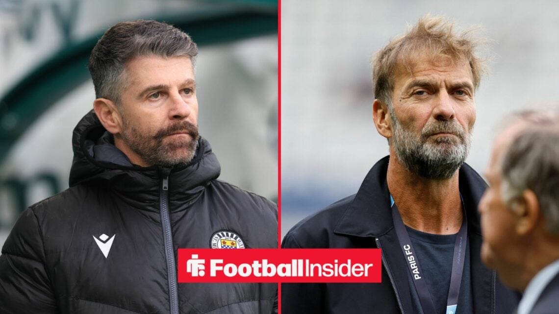 Stephen Robinson looking at Jurgen Klopp on right