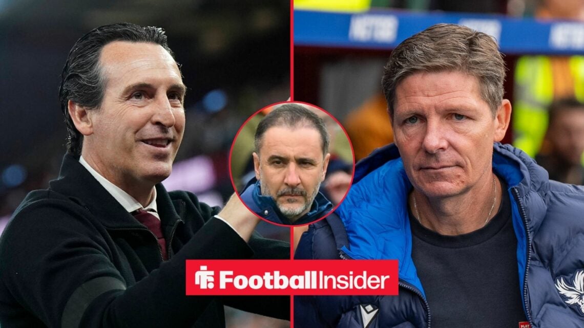 Aston Villa manager Unai Emery claps with Crystal Palace manager Oliver Glasner and Nottingham Forest manager Vitor Pereira inset