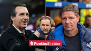 Aston Villa manager Unai Emery claps with Crystal Palace manager Oliver Glasner and Nottingham Forest manager Vitor Pereira inset
