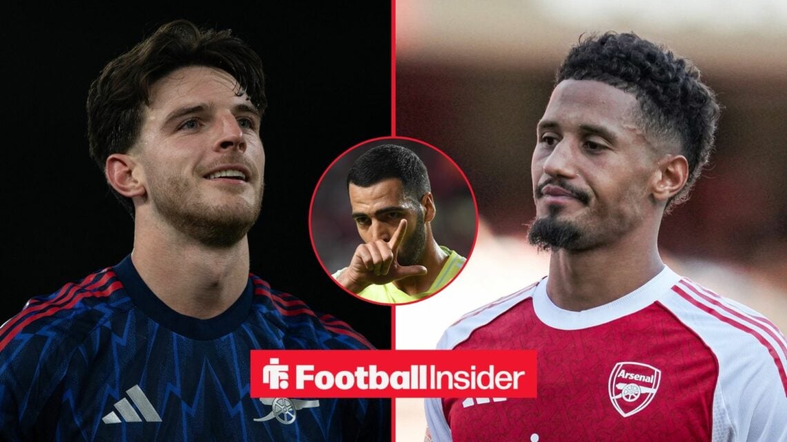 Arsenal stars Declan Rice and William Saliba with Mikel Merino celebrates inset