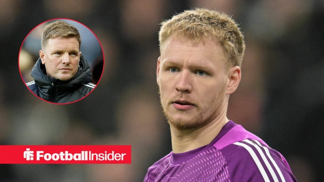 Aaron Ramsdale in action for Newcastle United, with Eddie Howe in a circular inset