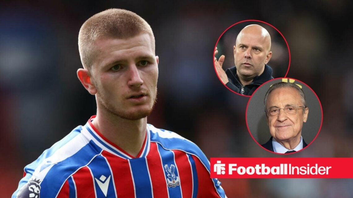 Adam Wharton in action for Crystal Palace, with Arne Slot and Florentino Perez in circular insets