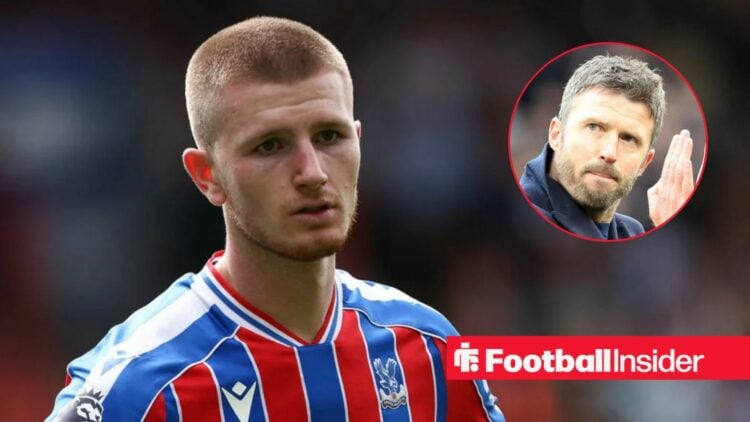 Adam Wharton in action for Crystal Palace, with Michael Carrick in a circular inset