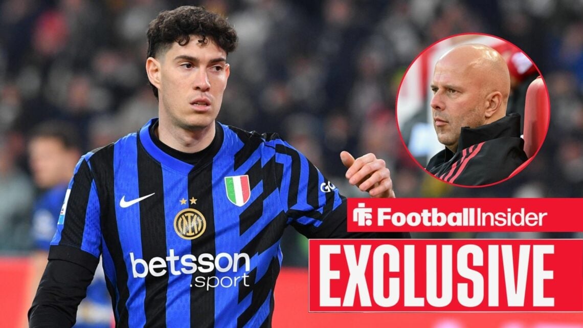 Football Insider exclusive as Alessandro Bastoni is in action during a game for Inter, as Liverpool manager Arne Slot watches from a circular inset.