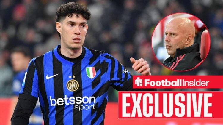 Football Insider exclusive as Alessandro Bastoni is in action during a game for Inter, as Liverpool manager Arne Slot watches from a circular inset.