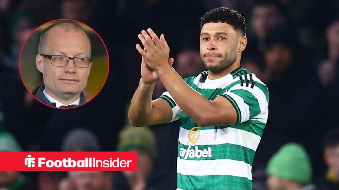 Alex Oxlade-Chamberlain applauds ahead of a game for Celtic, as referee chief Willie Collum watches from a circular inset.