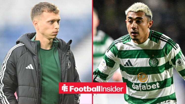 Celtic defender Alistair Johnston stares across a split image towards Julian Araujo, who is in action during a game.