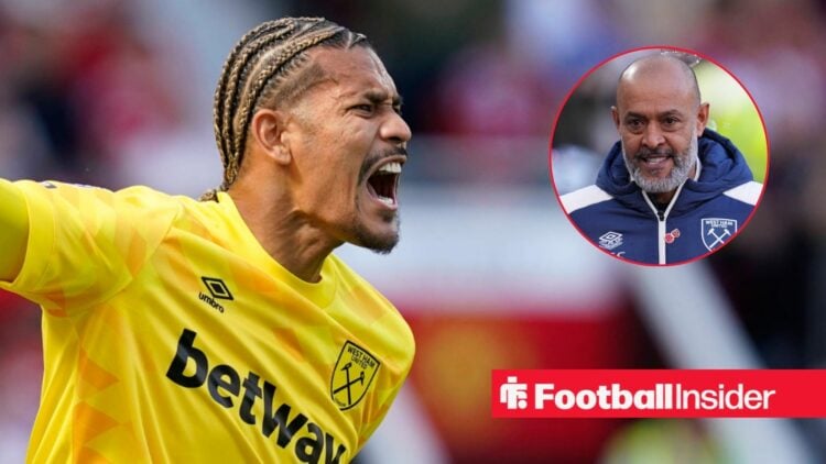 West Ham United goalkeeper Alphonse Areola shouting at the London Stadium / West Ham United manager Nuno Espirito Santo grinning at the London Stadium