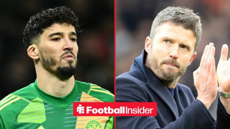 Altay Bayindir in action for Man United, with Michael Carrick on the sidelines
