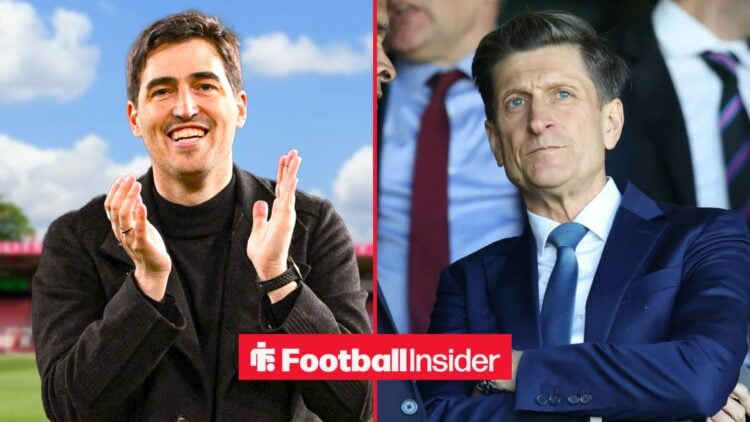 Bournemouth manager Andoni Iraola applauds as Crystal Palace chairman Steve Parish watches from the other side of a split image.