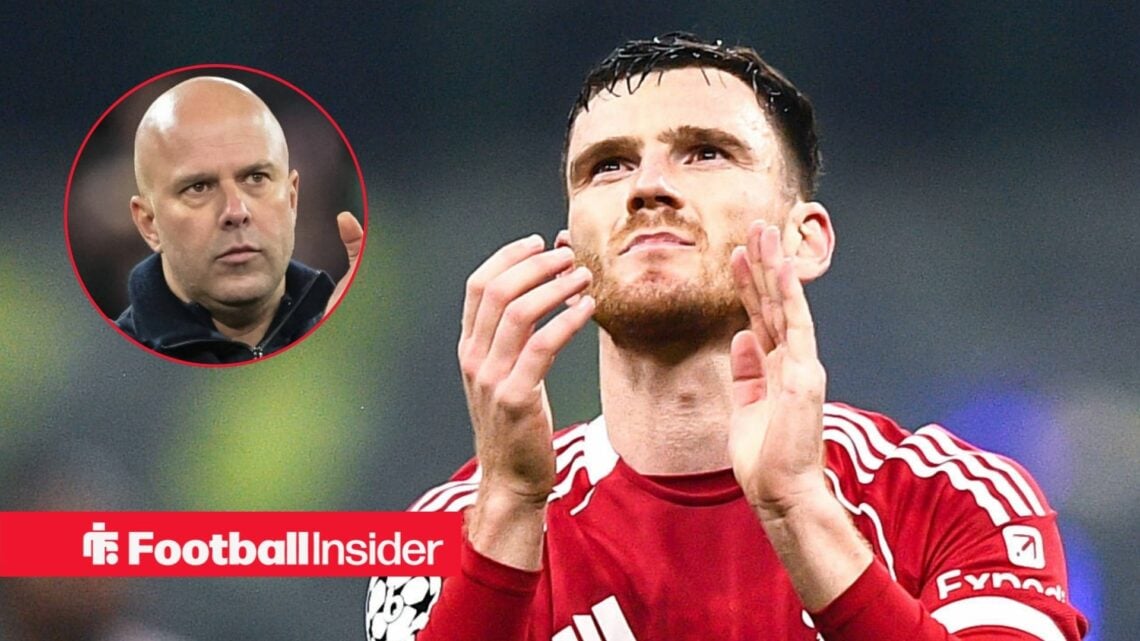 Andy Robertson applauding at Liverpool, with Arne Slot in a circular inset