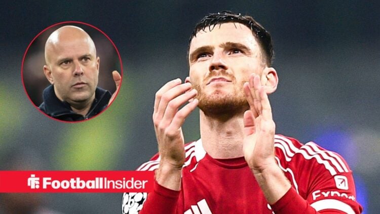Andy Robertson applauding at Liverpool, with Arne Slot in a circular inset