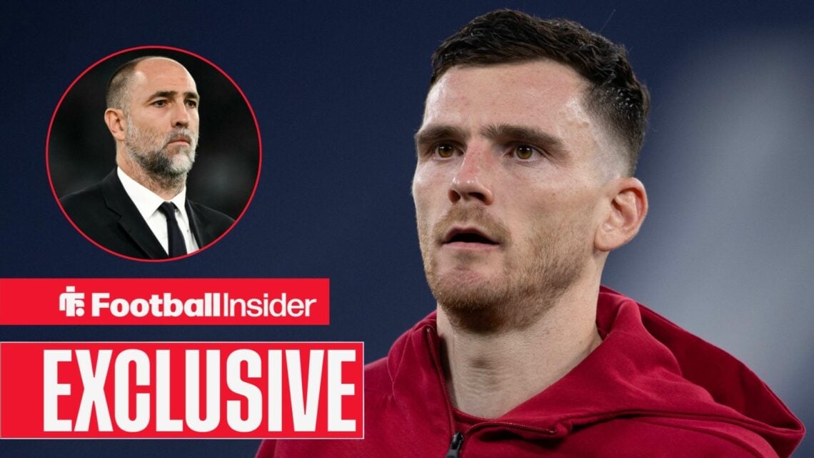 Football Insider exclusive as Liverpool defender Andy Robertson looks towards Tottenham manager Igor Tudor, who features in a circular inset.