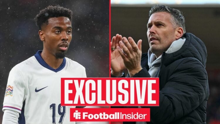 Football Insider exclusive as Angel Gomes is in action during a game for England, as Wolves manager Rob Edwards applauds on the other side of a spl...
