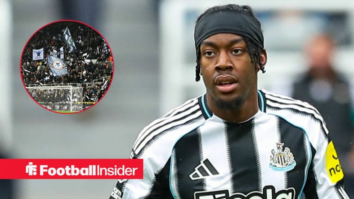 Newcastle winger Anthony Elanga stares towards the fans, who wave flags in a circular inset.