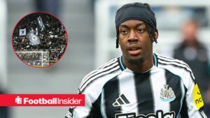 Newcastle winger Anthony Elanga stares towards the fans, who wave flags in a circular inset.