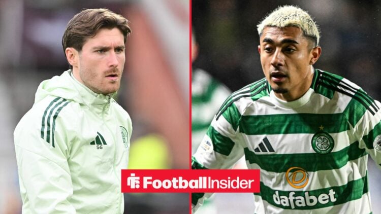 Celtic defender Anthony Ralston stares across a split image towards Julian Araujo, who is in action during a game.