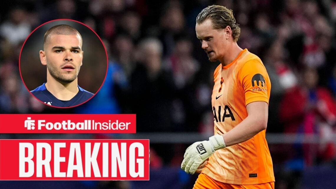 Tottenham goalkeeper Antonin Kinsky stares at the ground during a game as Lucas Chevalier watches from a circular inset.