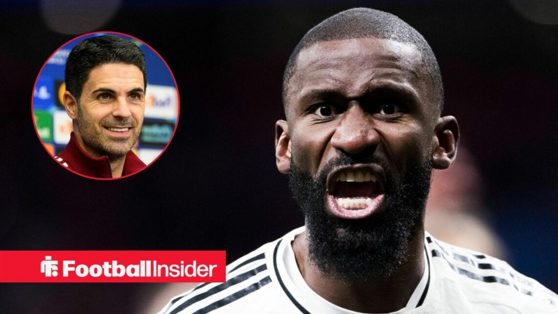 A close-up image of Antonio Rudiger shouting during a game for Real Madrid, as Arsenal manager Mikel Arteta smiles in a circular inset.