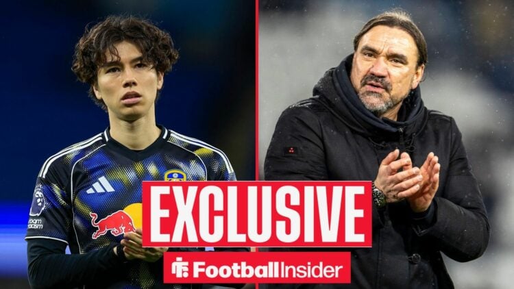 Football Insider exclusive as Leeds midfielder Ao Tanaka warms up for a game, while manager Daniel Farke applauds on the other side of a split image.