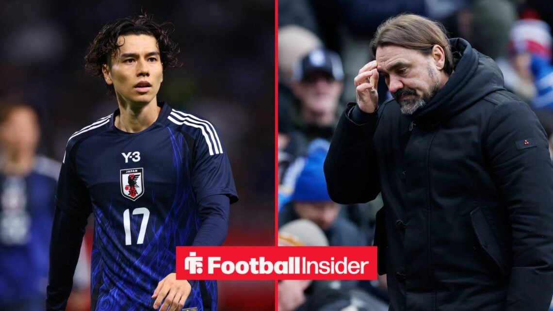 Leeds midfielder Ao Tanaka in action during a game for Japan, as daniel Farke scratches his face on the other side of a split image.