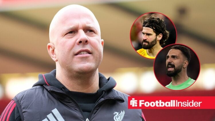 Liverpool manager Arne Slot stares towards a pair of circular insets, which feature Alisson and Giorgi Mamardashvili.