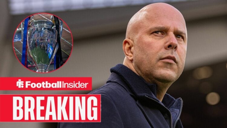 Liverpool manager Arne slot glances towards a circular inset, which features the Champions League trophy.