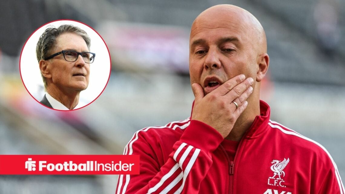 Arne Slot on the sidelines at Liverpool, with John Henry in a circular inset